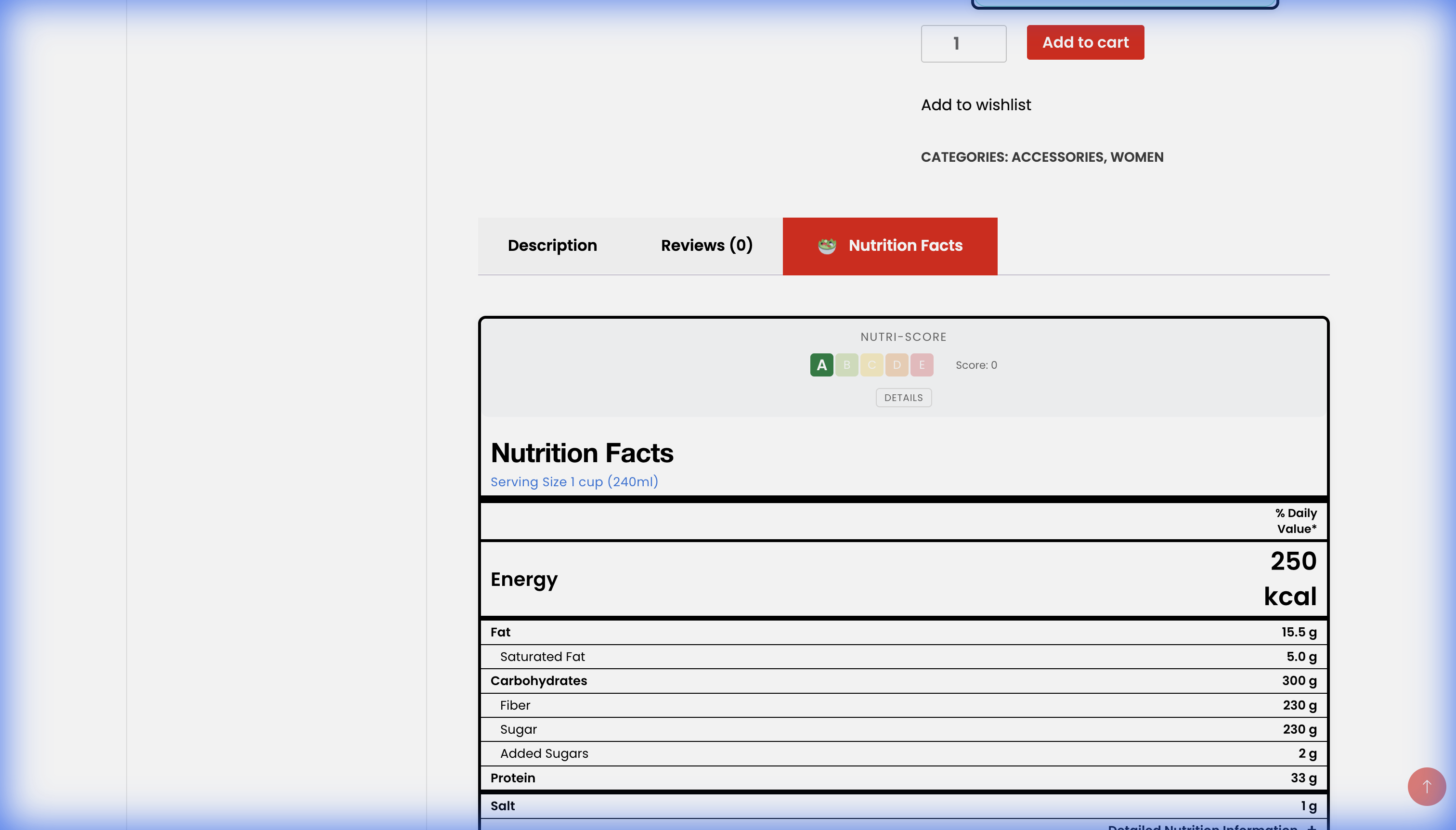 Nutrition label displayed on product page